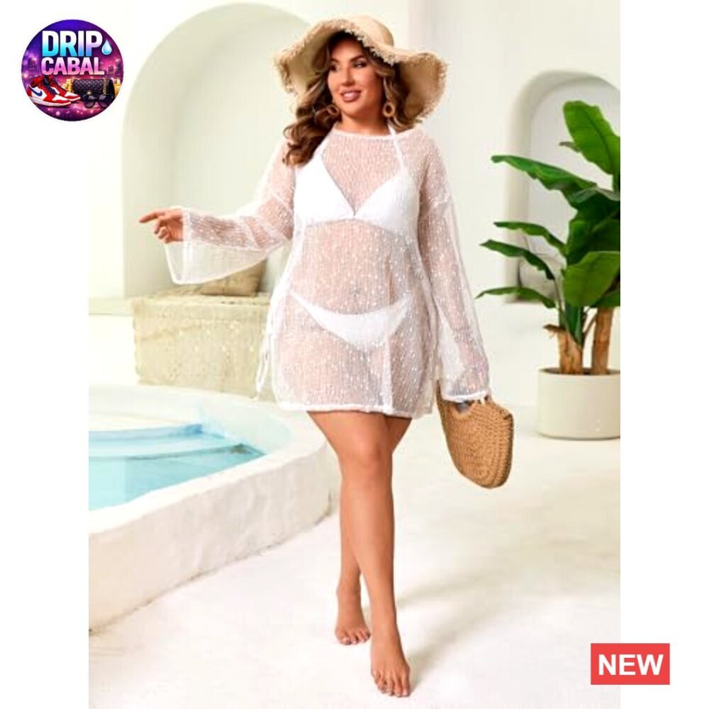 Plus Size Crochet Cover Up Long Sleeve Boat Neck Swimsuit Kaftan Dress - Picture 3 of 7